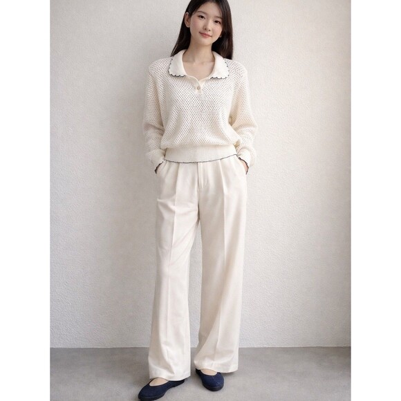 Sweaters - Corean Open Stitch Knit Polo Sweater Contrast Scallop Hem M